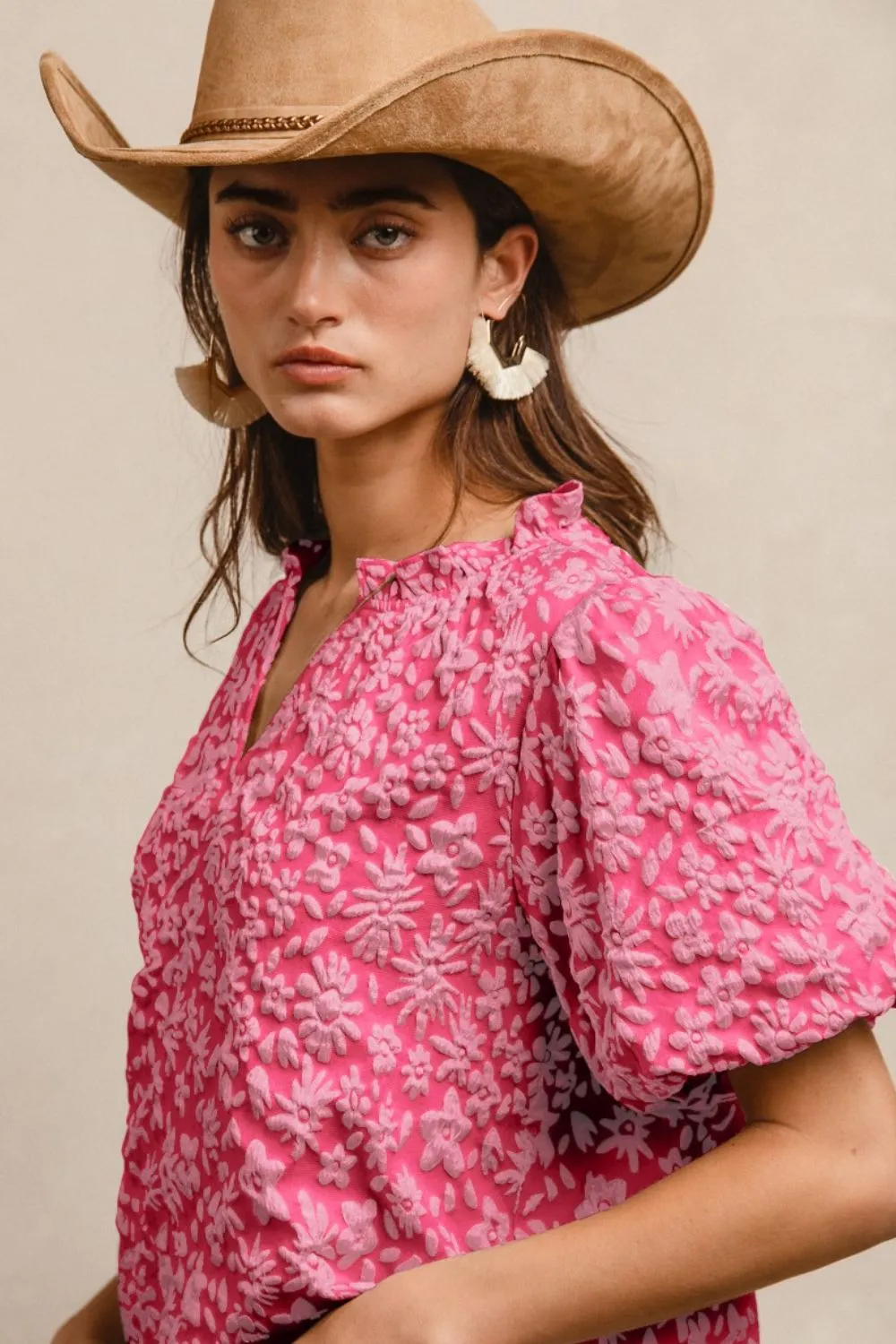 Floral Pattern Texture Short Balloon Sleeves Ruffled Blouse