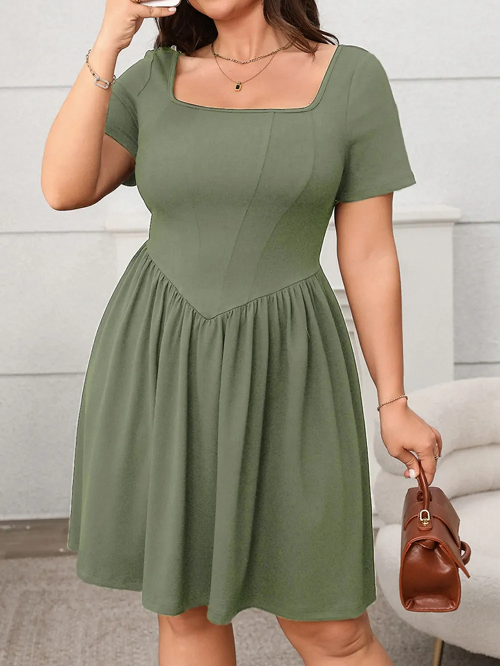 Plus Size Square Neck Short Sleeve Mini Dress, image 10
