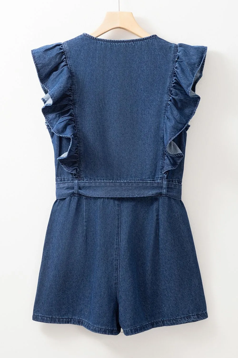 Denim Ruffled Zipped Front Belted Romper, image 11