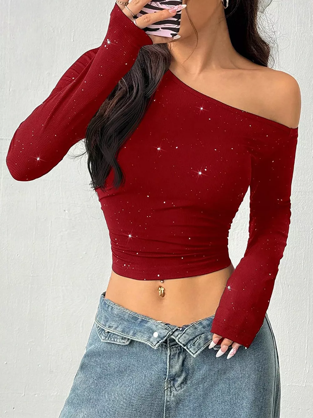 Glitter One-Shoulder Long Sleeve Crop T-Shirt, image 9