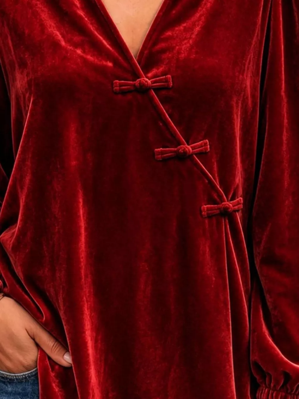 Chinese-Style Knot Buttons Velvet Blouse, image 7