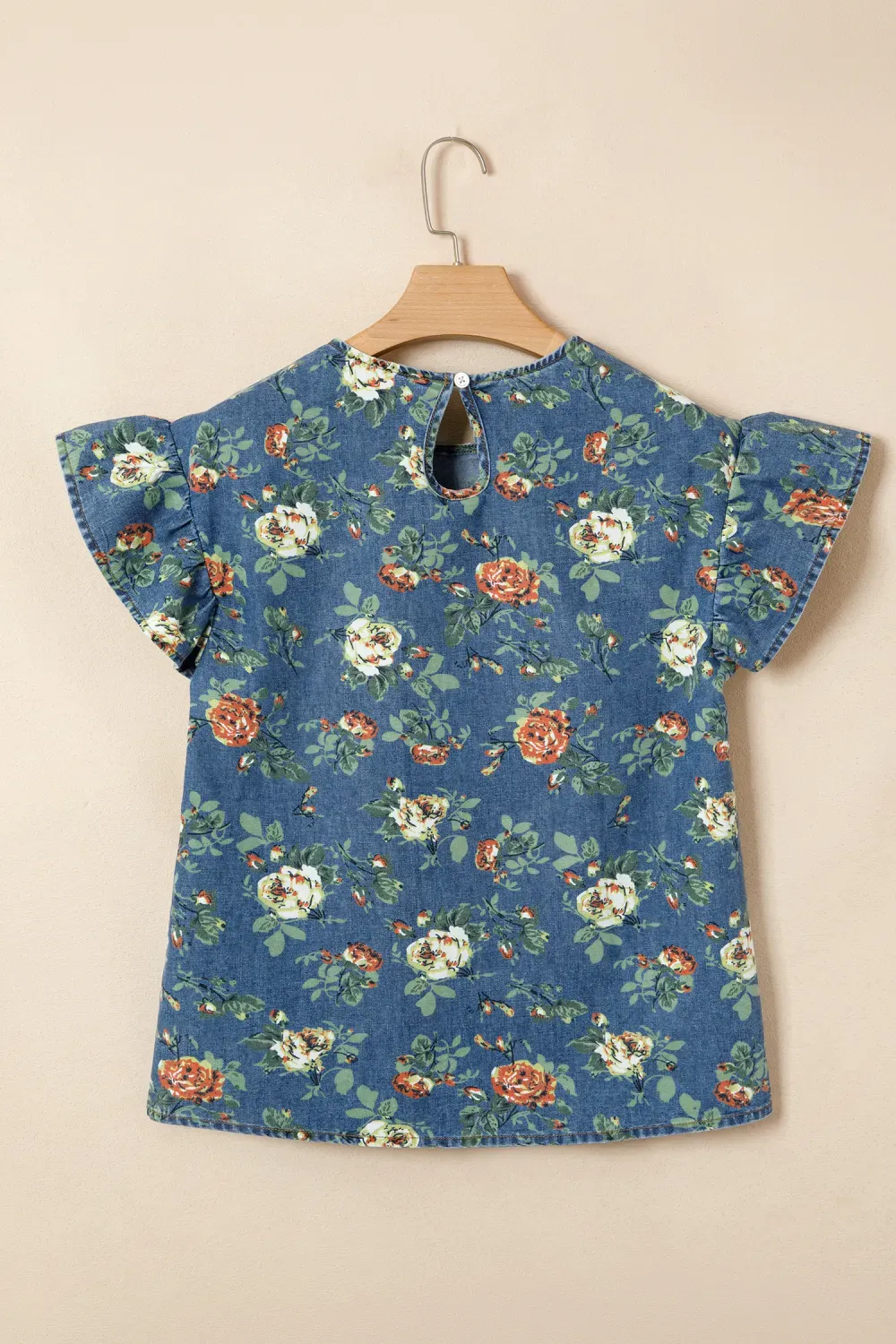 Ruffled Short Sleeve Floral Denim Top, image 4