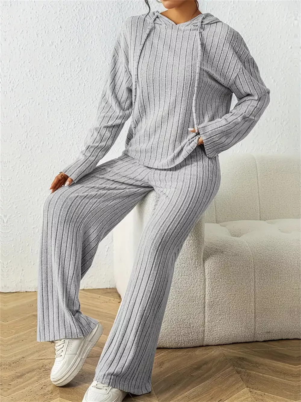 Ribbed Drawstring Hoodie and Pants Set, image 3
