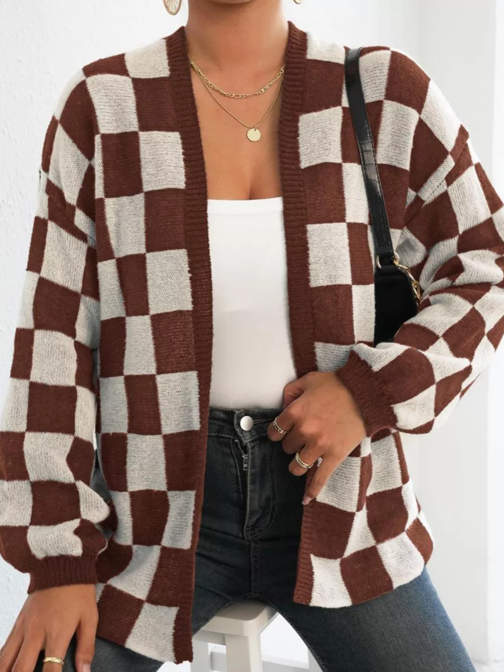 Checkerboard Pattern Open Front Knit Cardigan, image 9