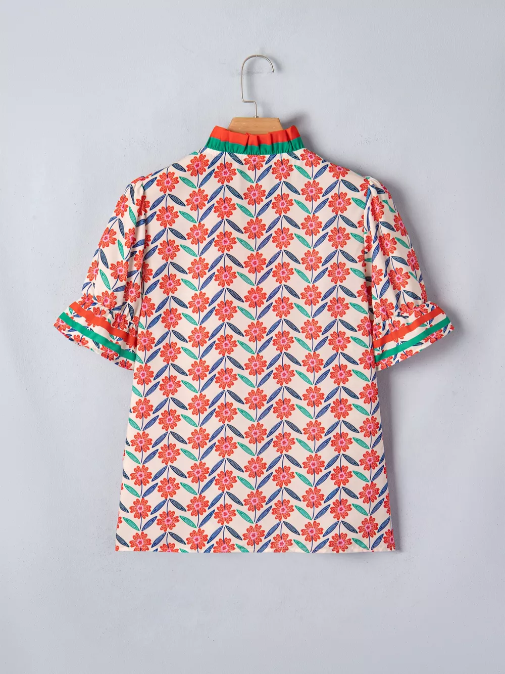 Floral Print Striped Detail V Neck Ruffled Short Sleeve Blouse, image 5