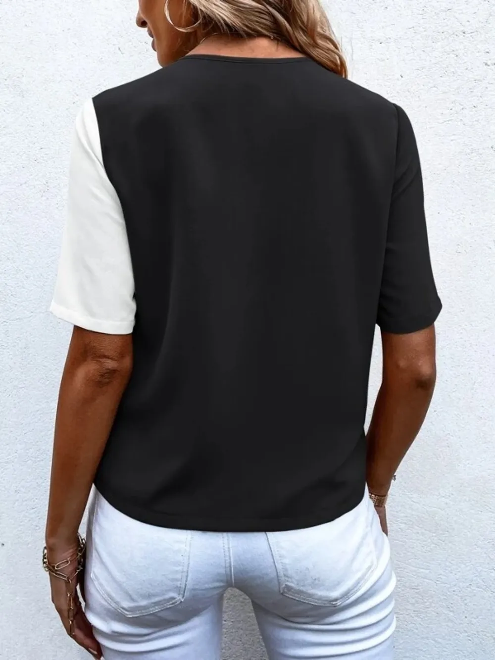 Decorative Button Surplice Short Sleeve Blouse, image 3