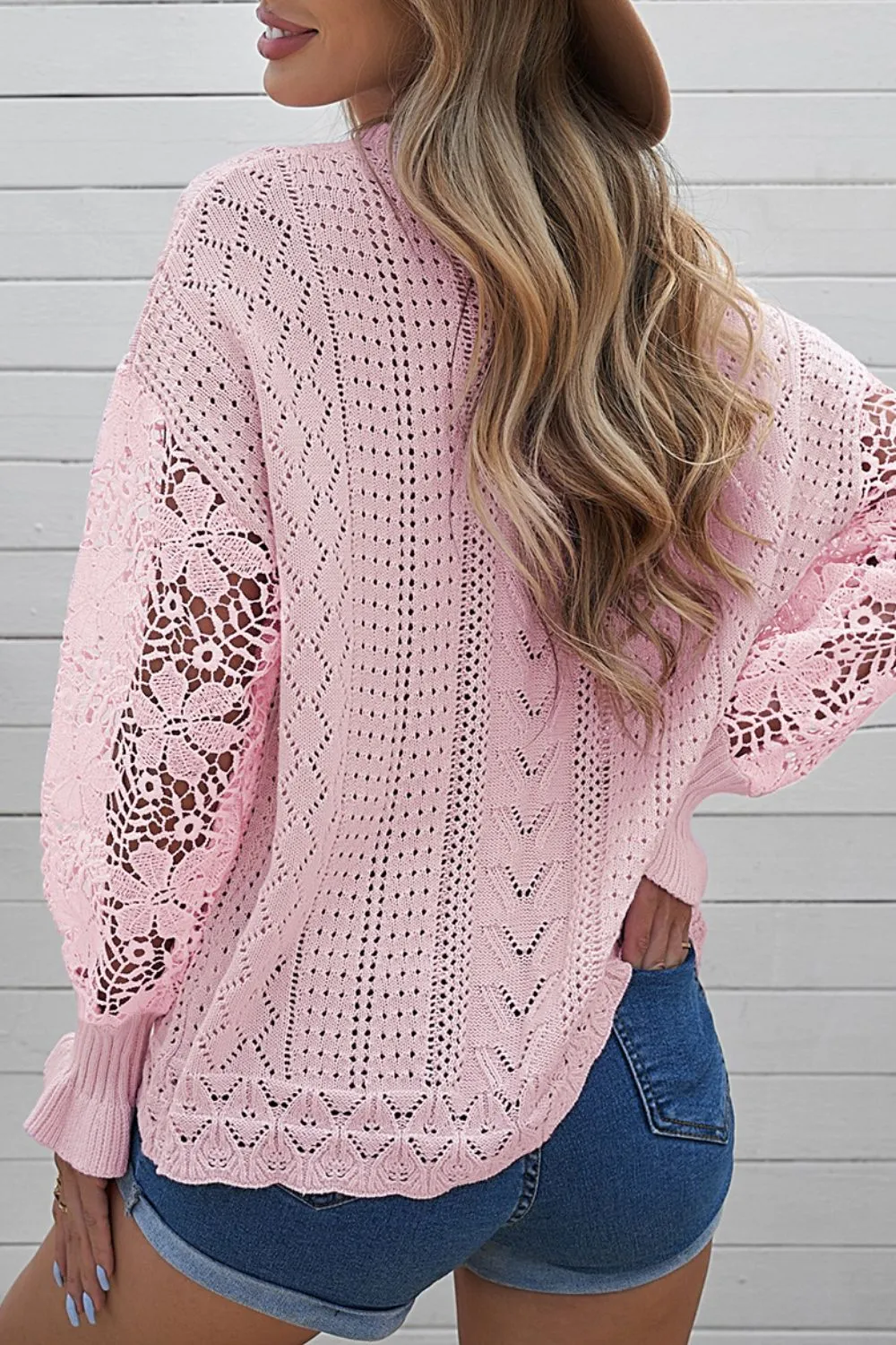 Openwork Round Neck Long Sleeve Sweater, image 17