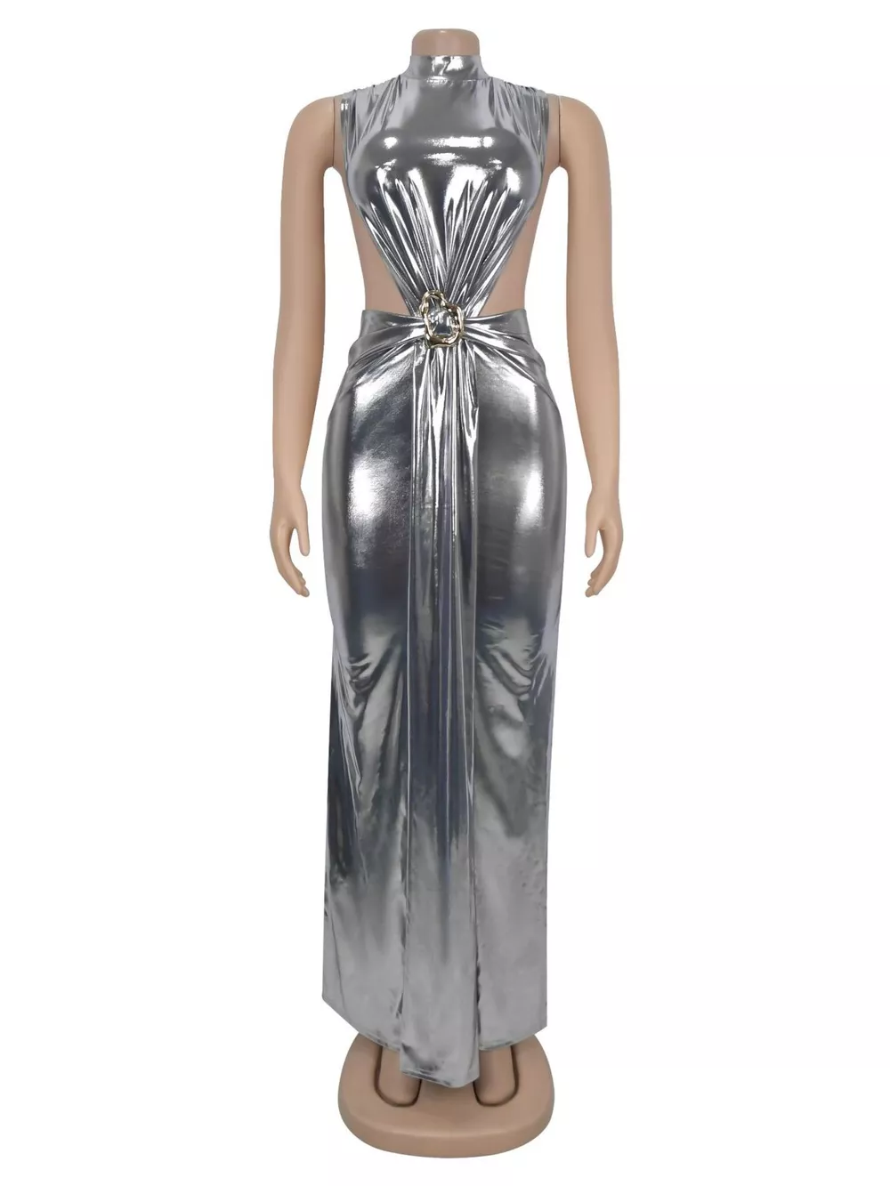 Mock Neck Cut-Out Ruched Maxi Dress, image 3