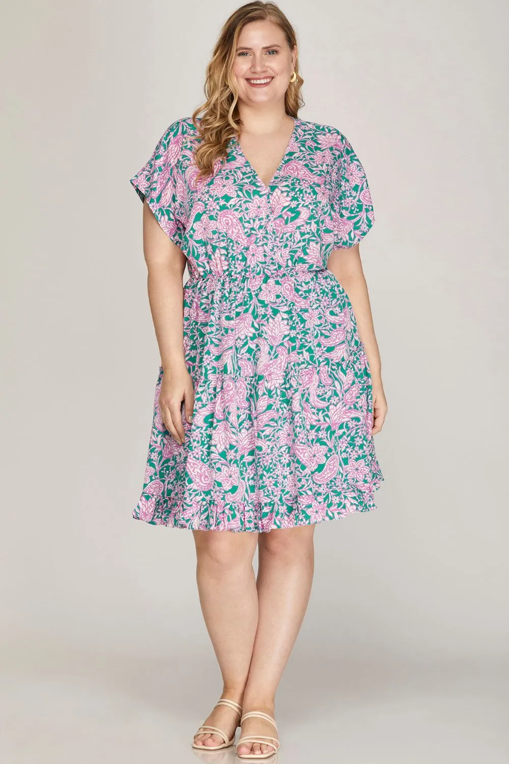 Full Size Ruffled Hem Printed Surplice Kimono Sleeve Mini Dress Plus Size, image 3