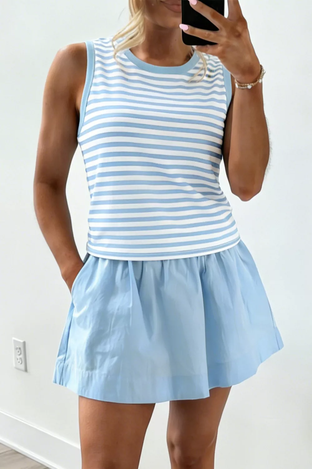 Stripe Slim Tank Contrast Ruffle Mini Skort Set, image 3