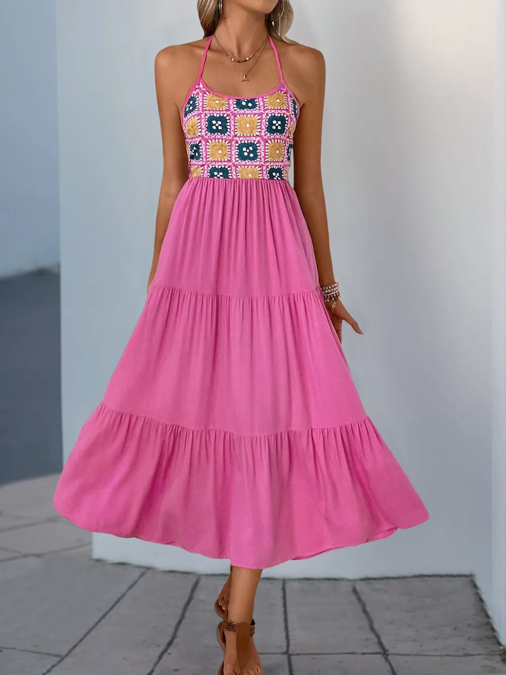 Printed Halter Neck Tiered Midi Dress, image 5