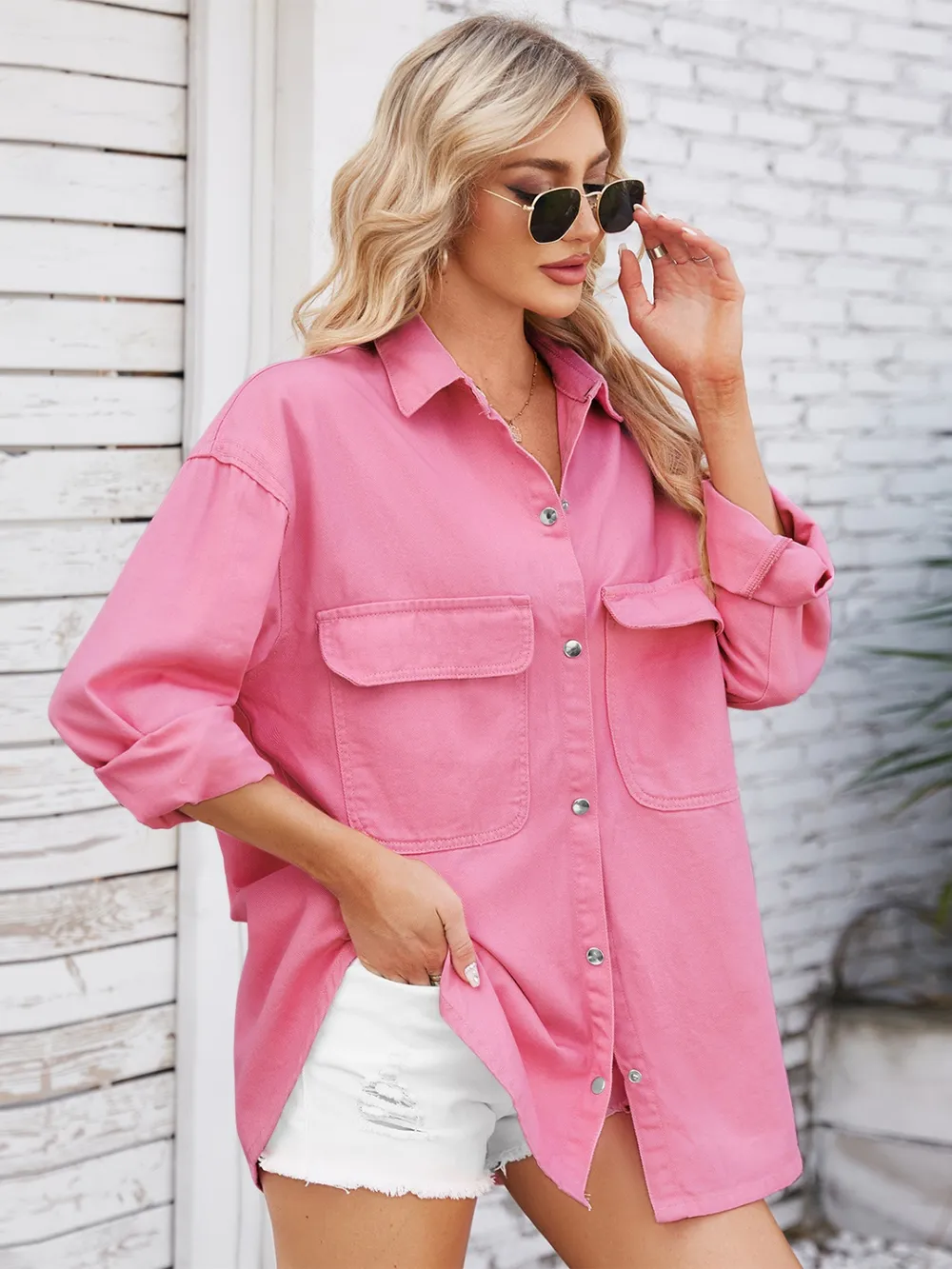 Pocketed Snap Down Dropped Shoulder Denim Shacket, image 7