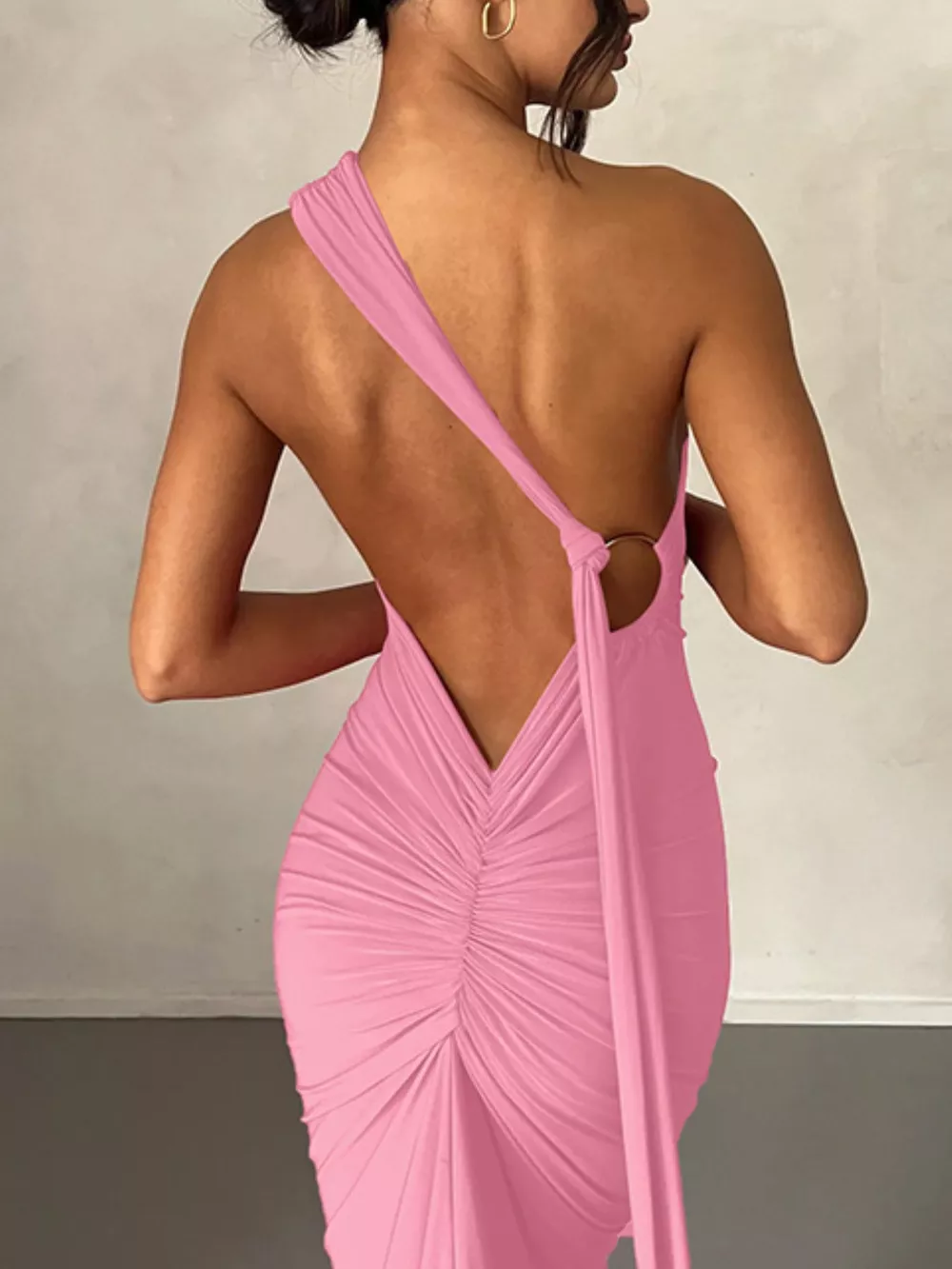 Backless One-Shoulder Ruched Bodycon Maxi Dress, image 25