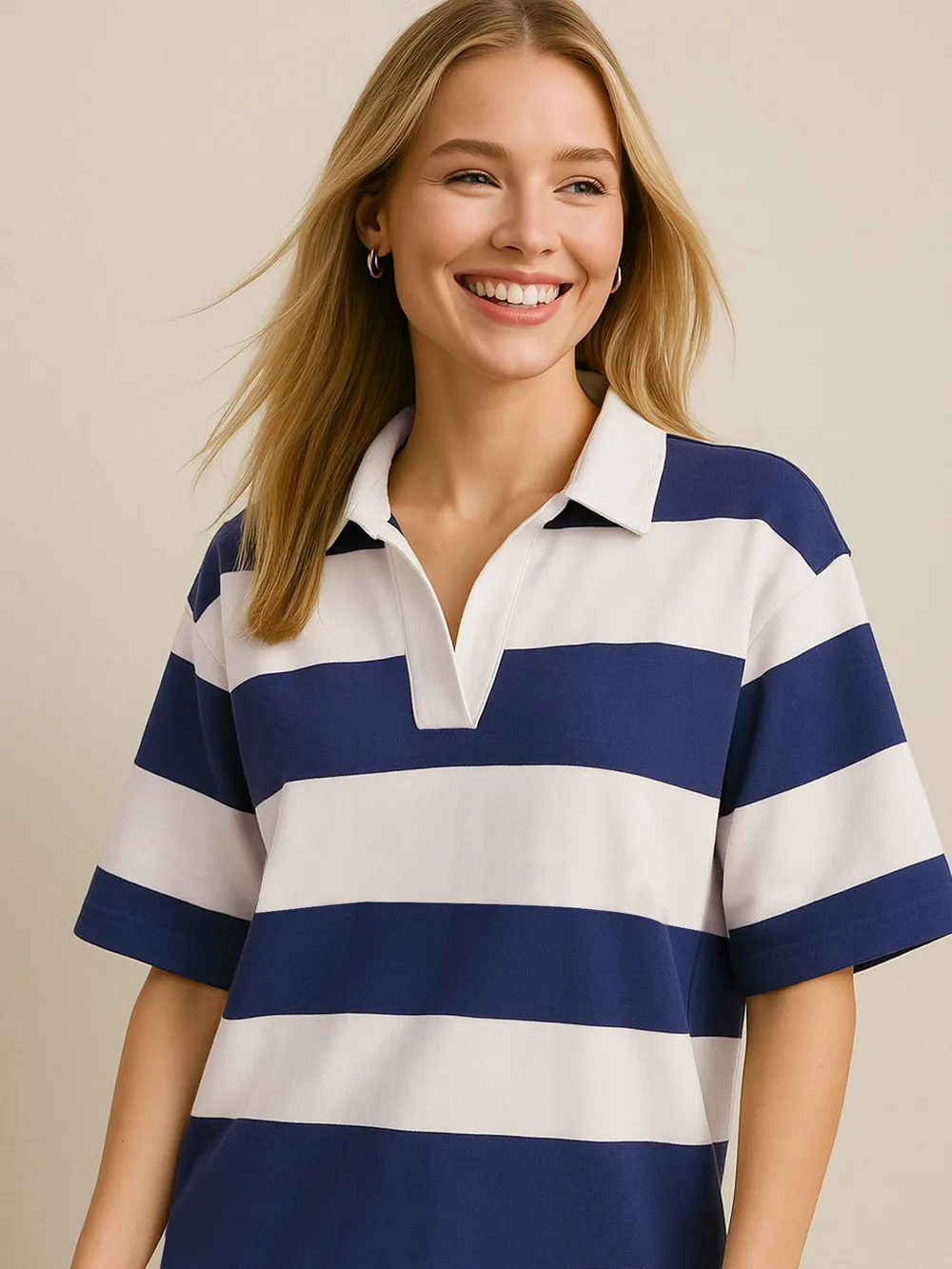 Pima Cotton Wash Color Block Jnny Collar Half Sleeve Top