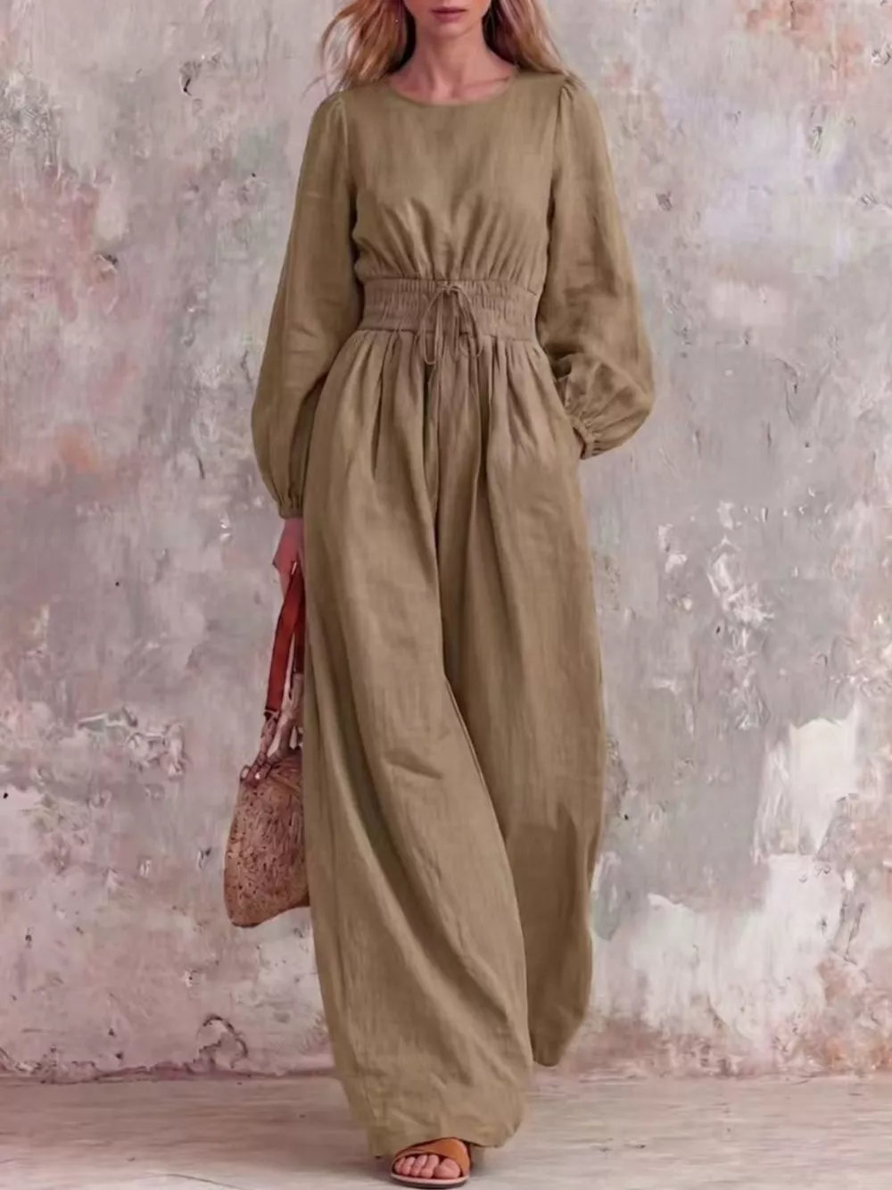 Smocked Waist Long-Sleeve Jumpsuit, image 3