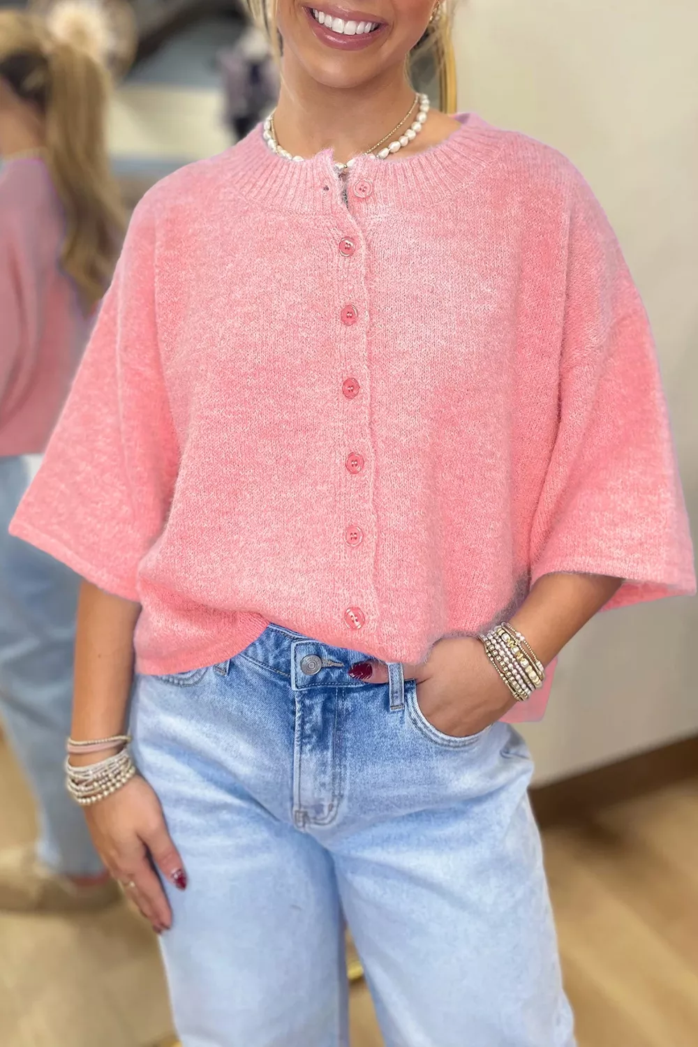 Blossom 3/4 Sleeve Boxy Knit Button Down Sweater Cardigan, image 2