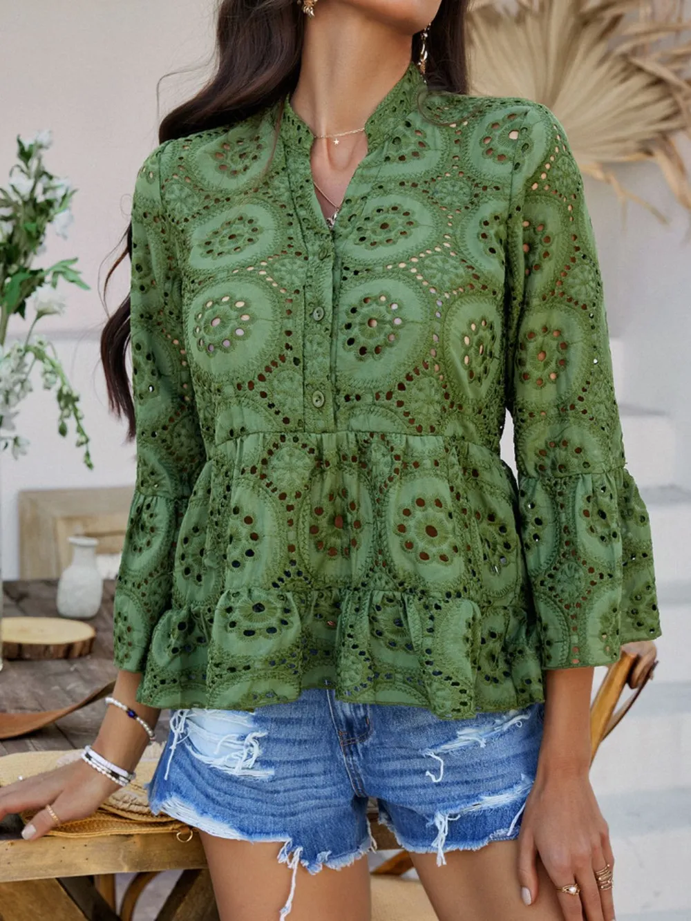 Half Button Flounce Sleeve Peplum Blouse