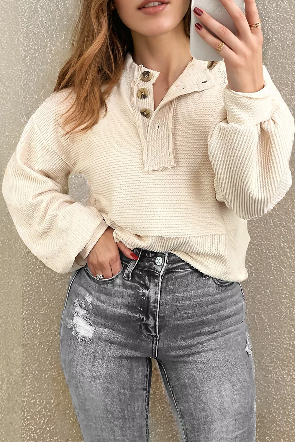 Corded Texture Lantern Sleeve Buttons Henley Sweatsuit, image 2