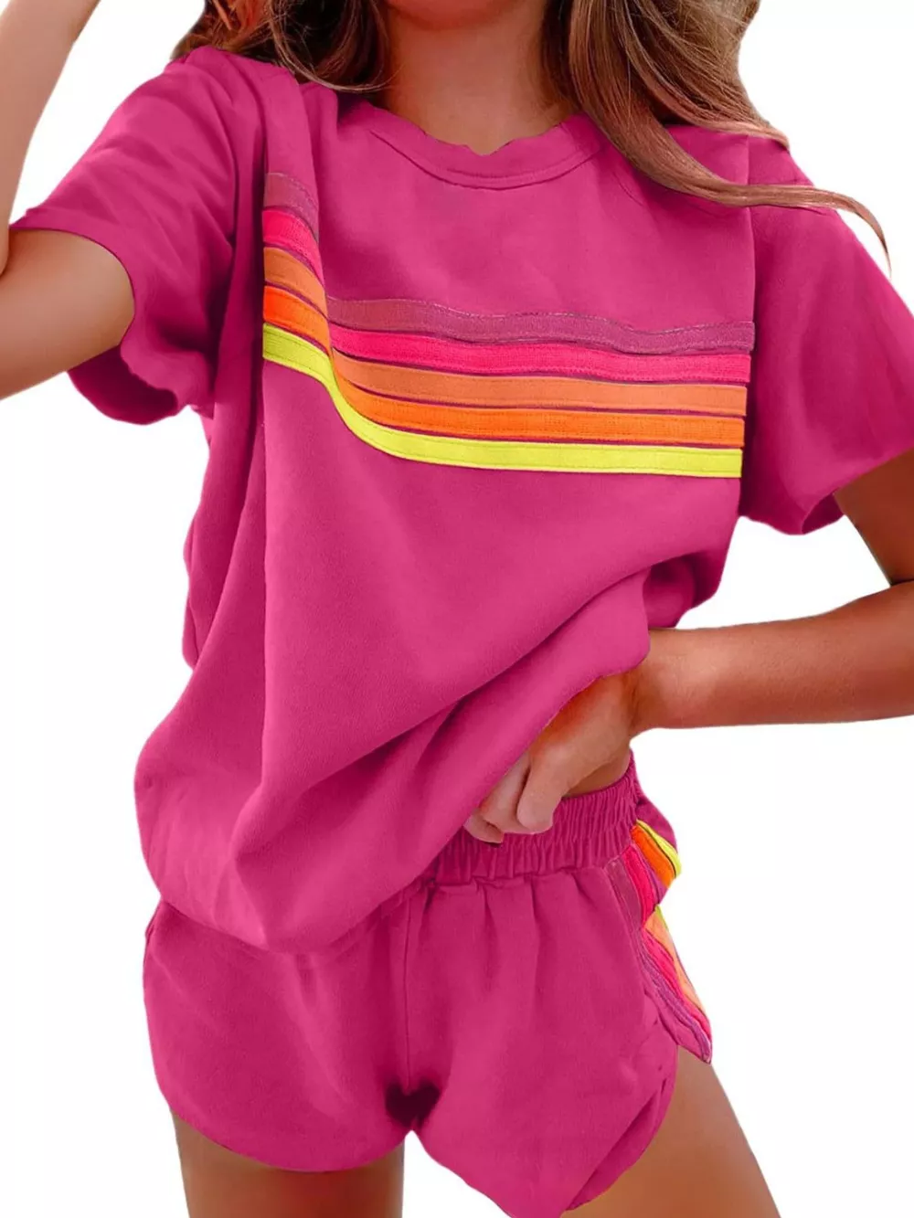 Rainbow Striped Round Neck Top and Shorts Set, image 15