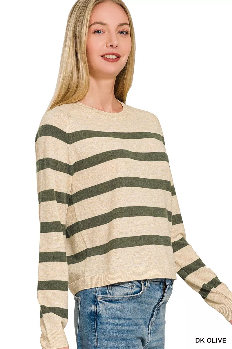 Lightweight Wool Blend Striped Round Neck Sweater, image 3