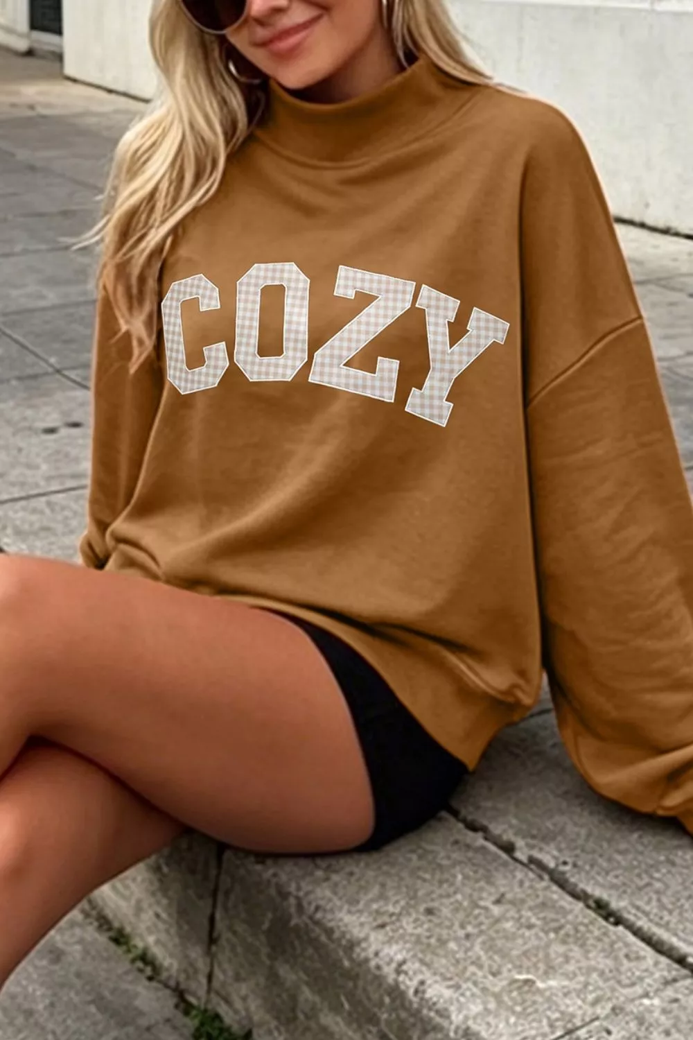 Gingham Letter Mock Neck Sweatshirt, image 2