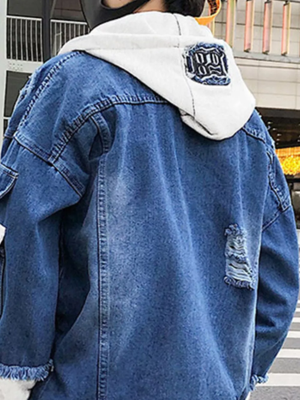 Men's Full Size Distressed Patchwork Hooded Denim Jacket Plus Size, image 4
