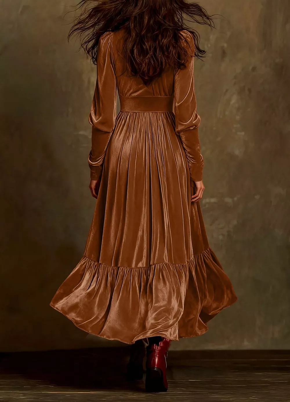 Velvet V-Neck Long Sleeve Ruffled Dress, image 2