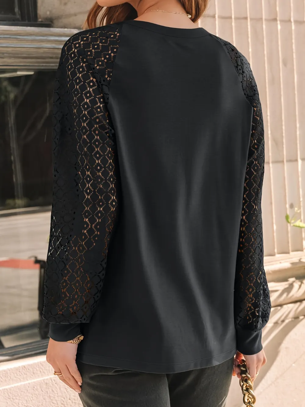 Eyelet Round Neck Long Sleeve Blouse, image 3
