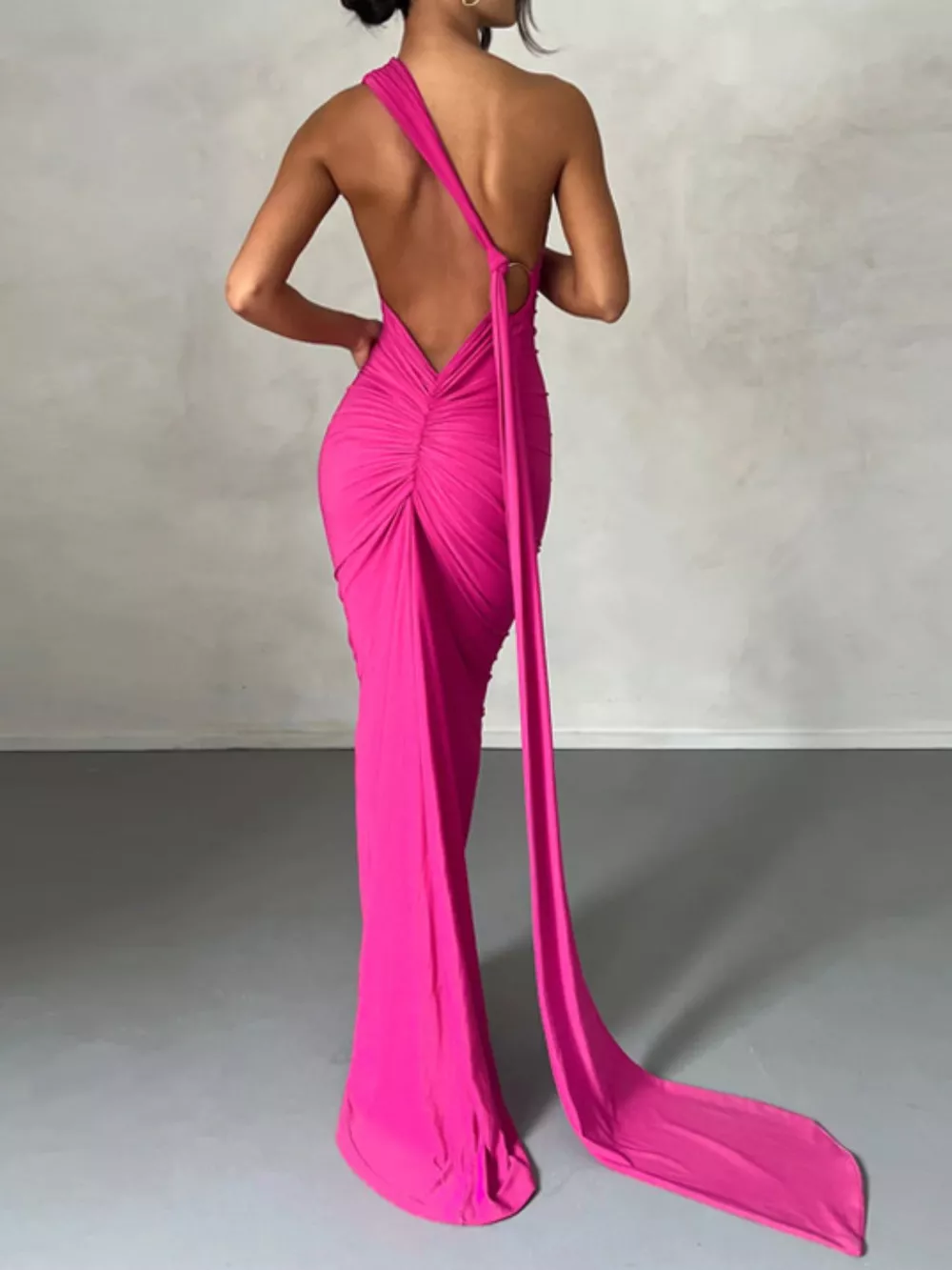 Backless One-Shoulder Ruched Bodycon Maxi Dress, image 26