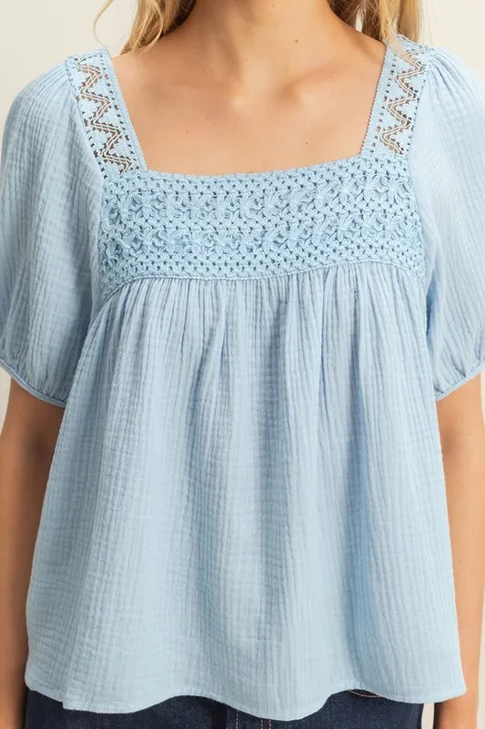 Crochet Detail Puff Sleeve Peasant Top, image 5