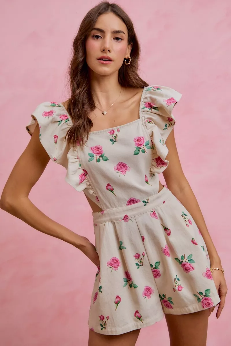 Floral Print Denim Cut Out Waist Ruffled Romper, image 4