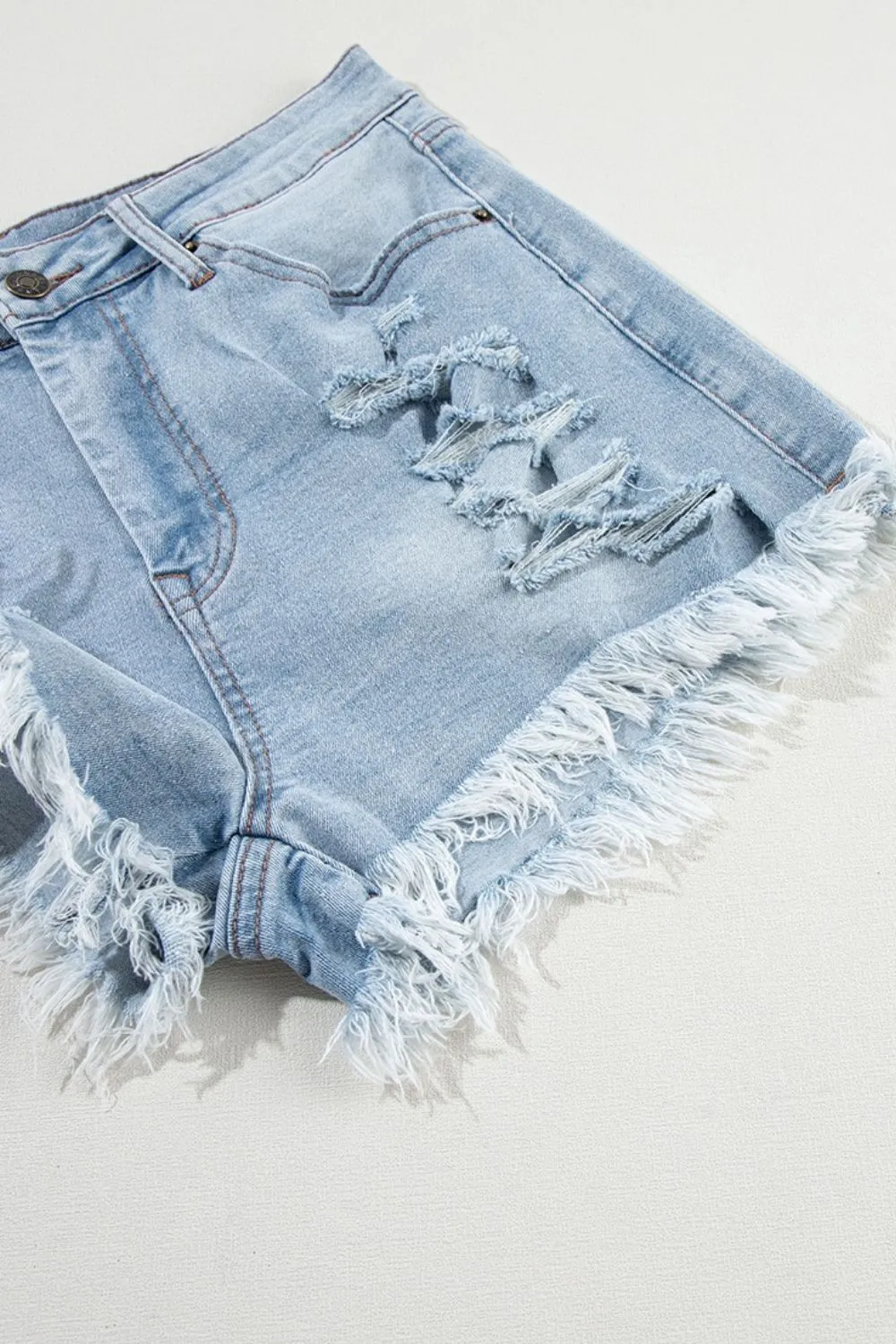 Distressed Raw Hem High Waist Denim Shorts, image 7