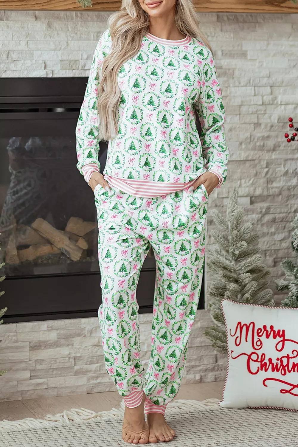 Christmas Tree Print Contrast Striped Banding 2pcs Lounge Set, image 2