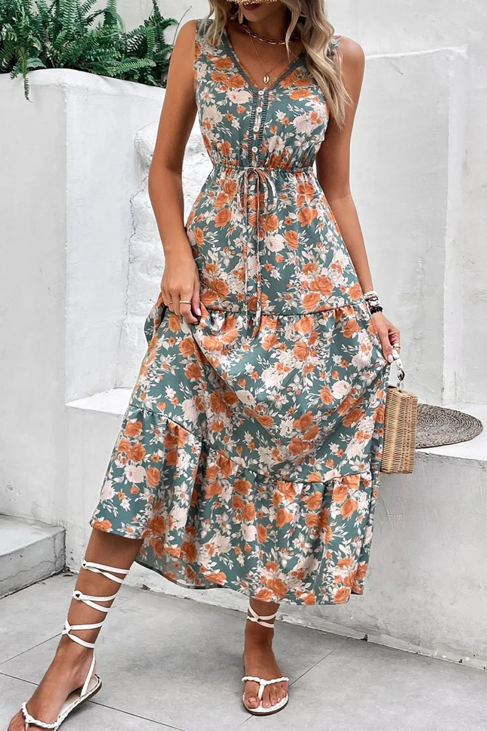 Floral Print Trimmed V Neck Tie Waist Sleeveless Dress, image 8