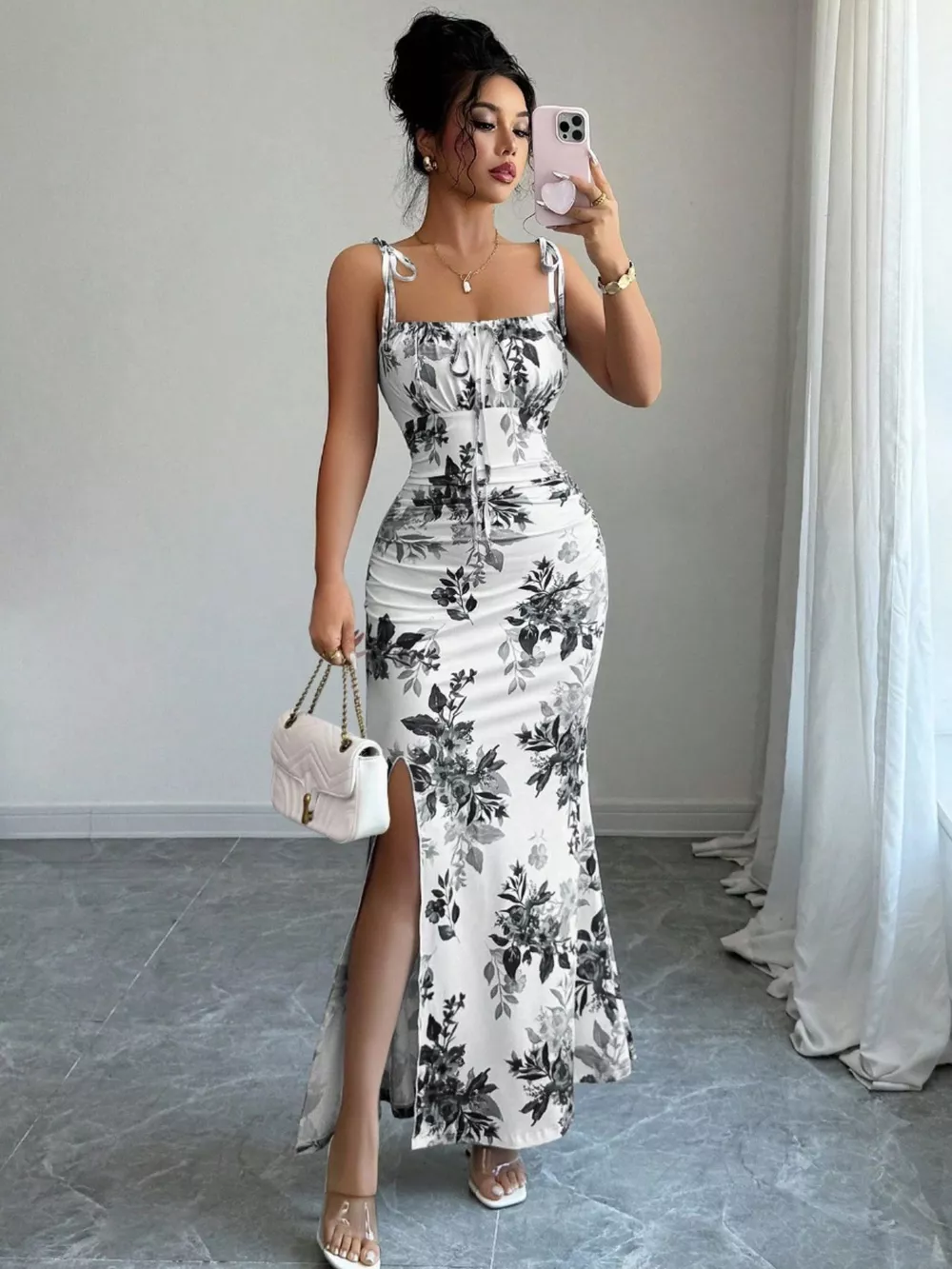 Printed Tie Strap Slit Maxi Dress, image 6