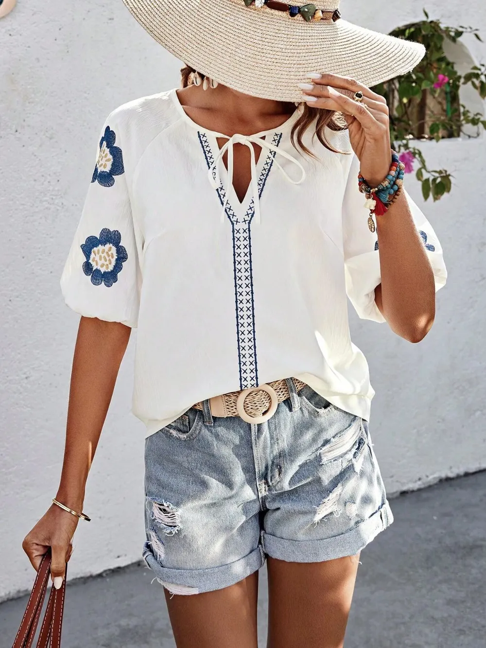 Embroidered Tie Neck Puff Sleeve Blouse, image 9