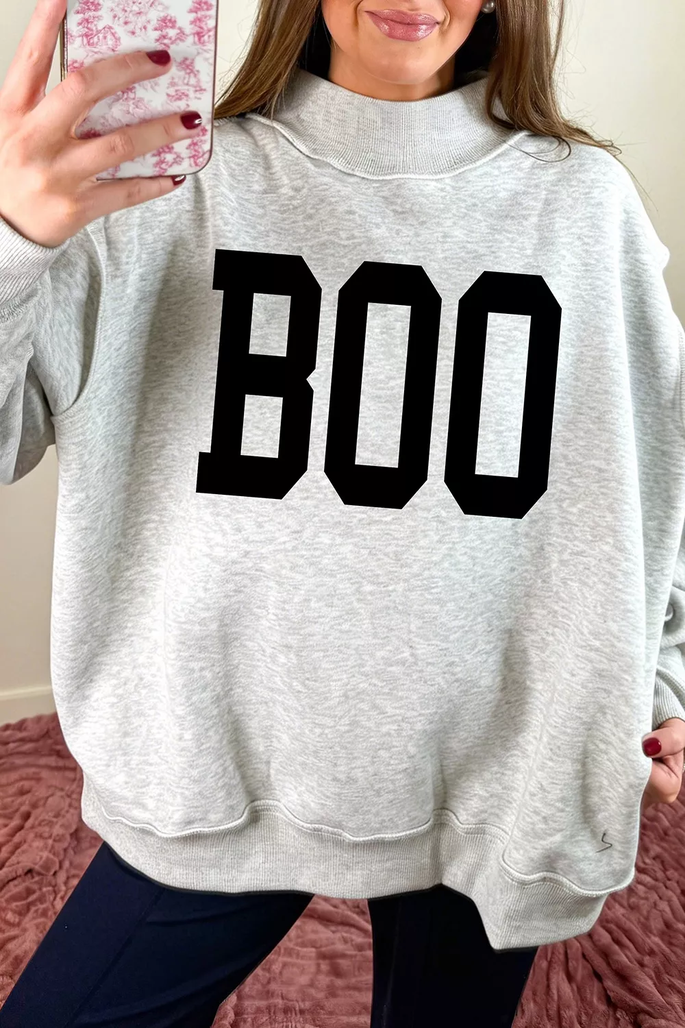 Halloween BOO & Bat Printed Reversible Mock Neck Sweatshirt, image 6