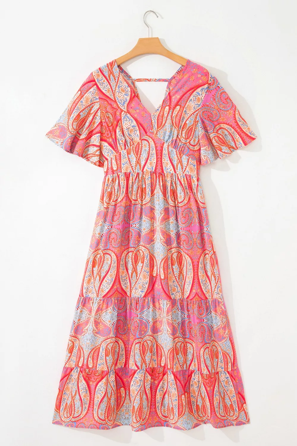 Paisley Print V-Neck Short Sleeve Boho Dress with Ruffle Details, image 5