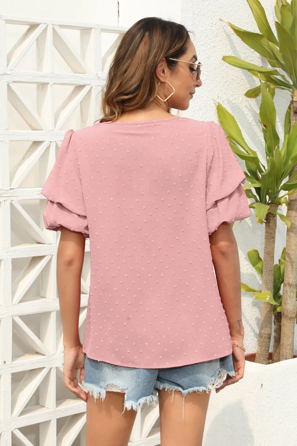 Swiss Dot V-Neck Short Sleeve Blouse, image 8