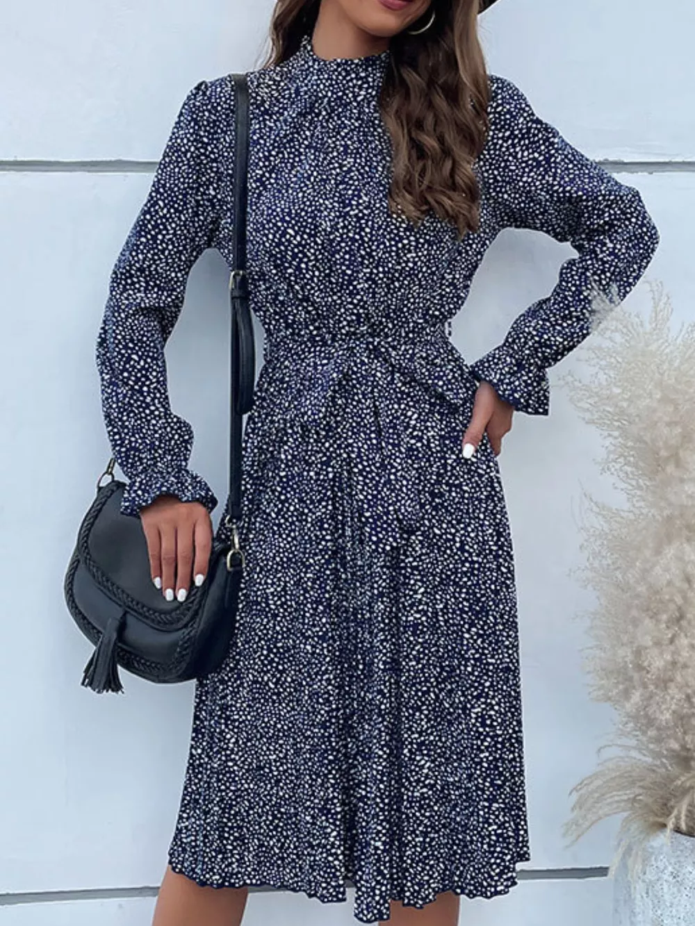 Animal Print Mock Neck Flounce Sleeve Dress, image 12