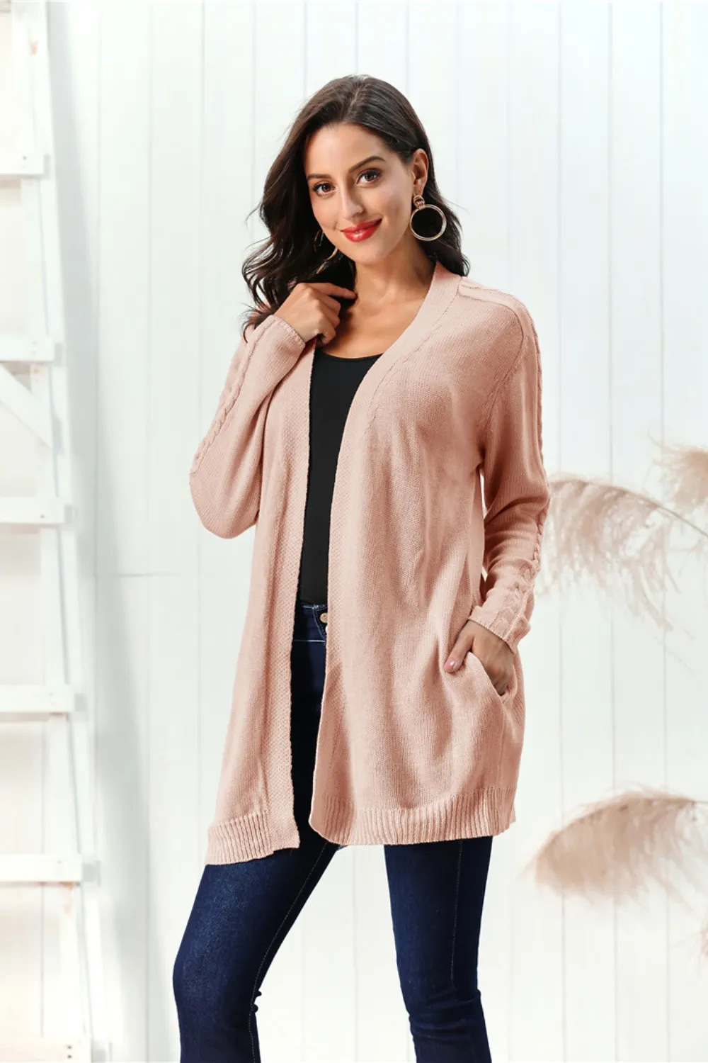 Cable-Knit Open Front Long Sleeve Cardigan, image 3