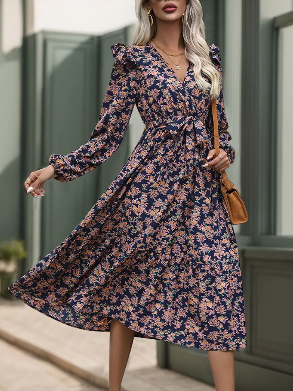 Printed Surplice Long Sleeve Midi Dress, image 4