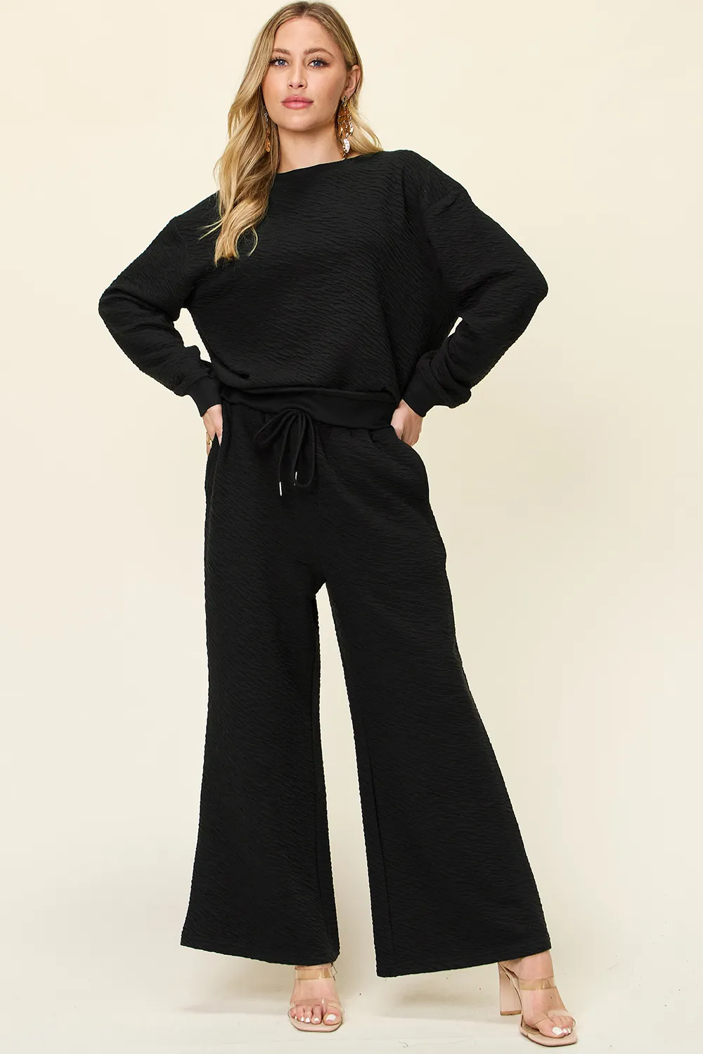 Full Size Texture Long Sleeve Top and Pants Set, image 13