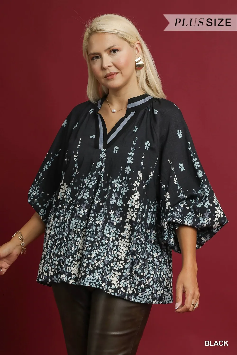 Full Size Floral Vine Print Blouse with Balloon Sleeves Plus Size, image 8