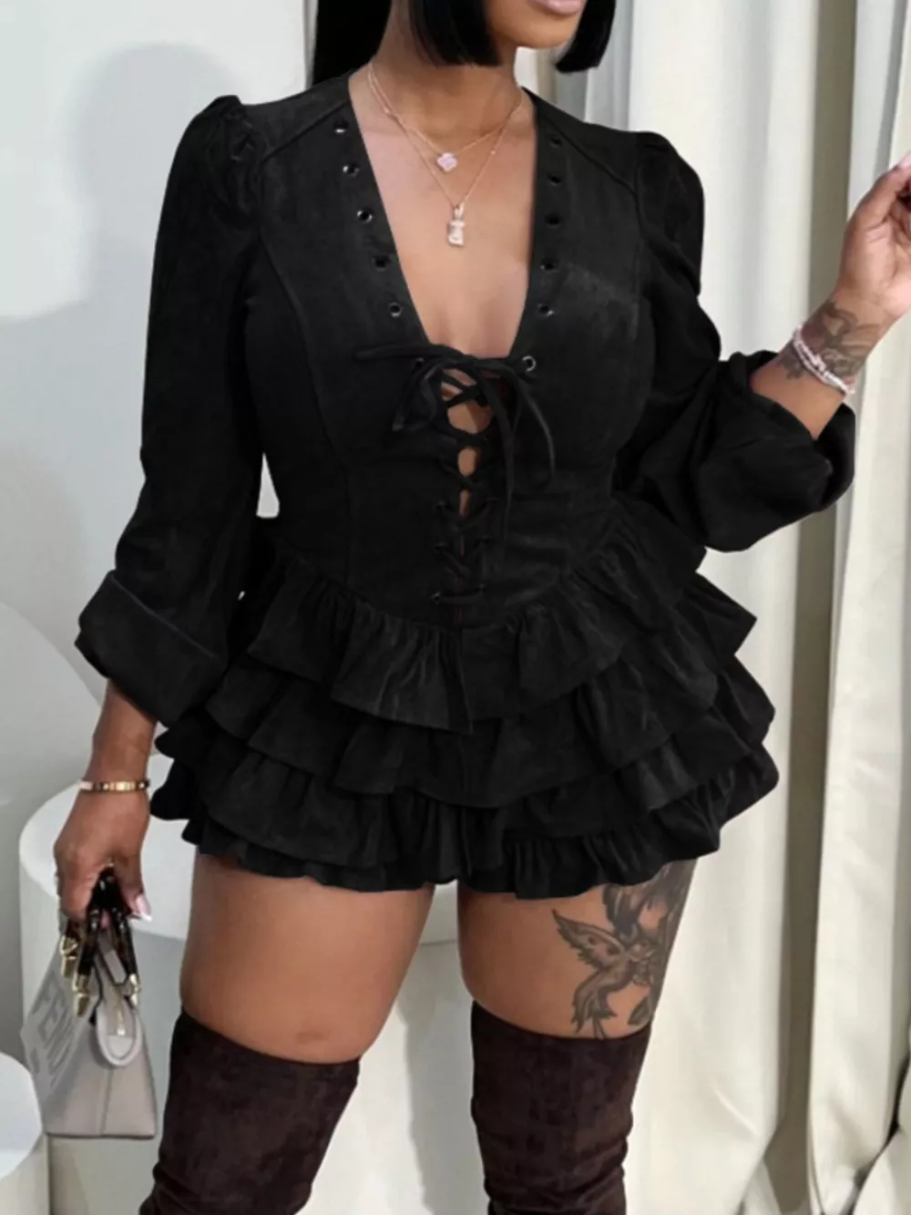 Lace-Up Ruffle Hem Long Sleeve Mini Dress, image 9
