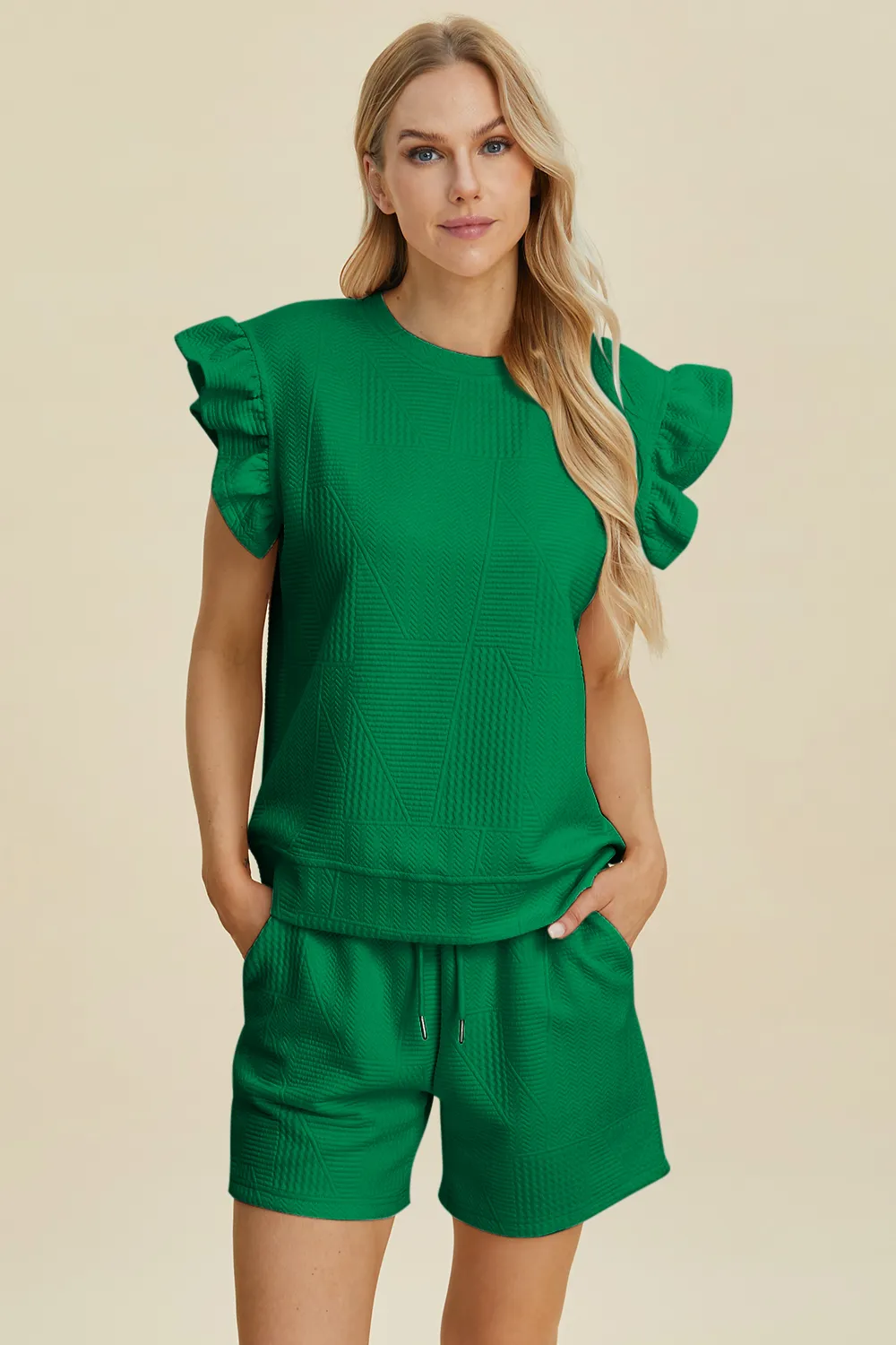 Full Size Texture Round Neck Ruffle Sleeve Top and Shorts Set, image 17