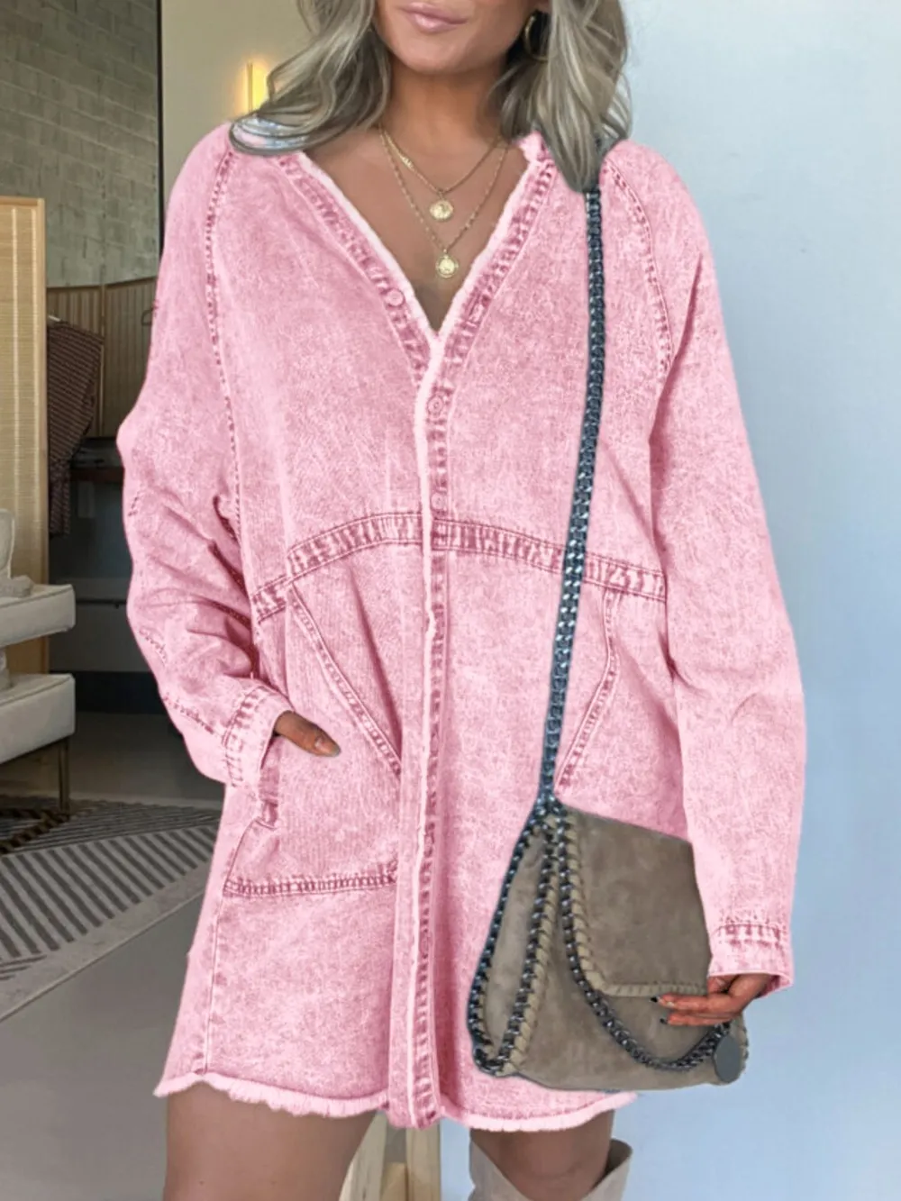 Full Size Button-Front Long Sleeve Denim Shirt Dress Plus Size, image 17