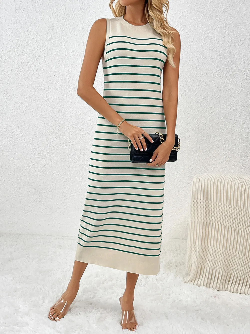Round Neck Sleeve Midi Knit Dress, image 8