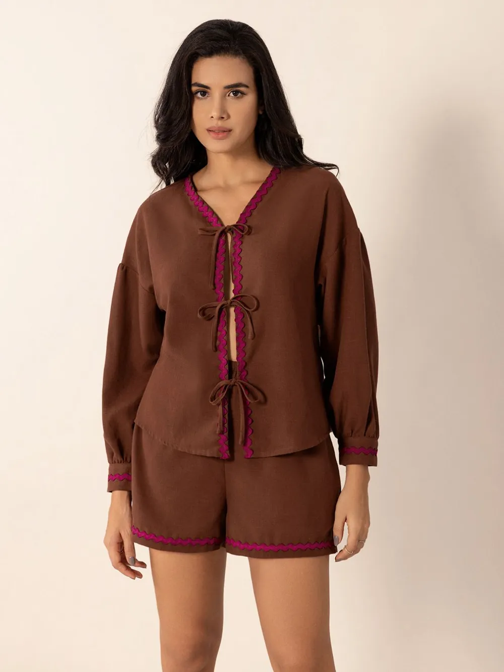 Tied V-Neck Long Sleeve Top and Shorts Set, image 9