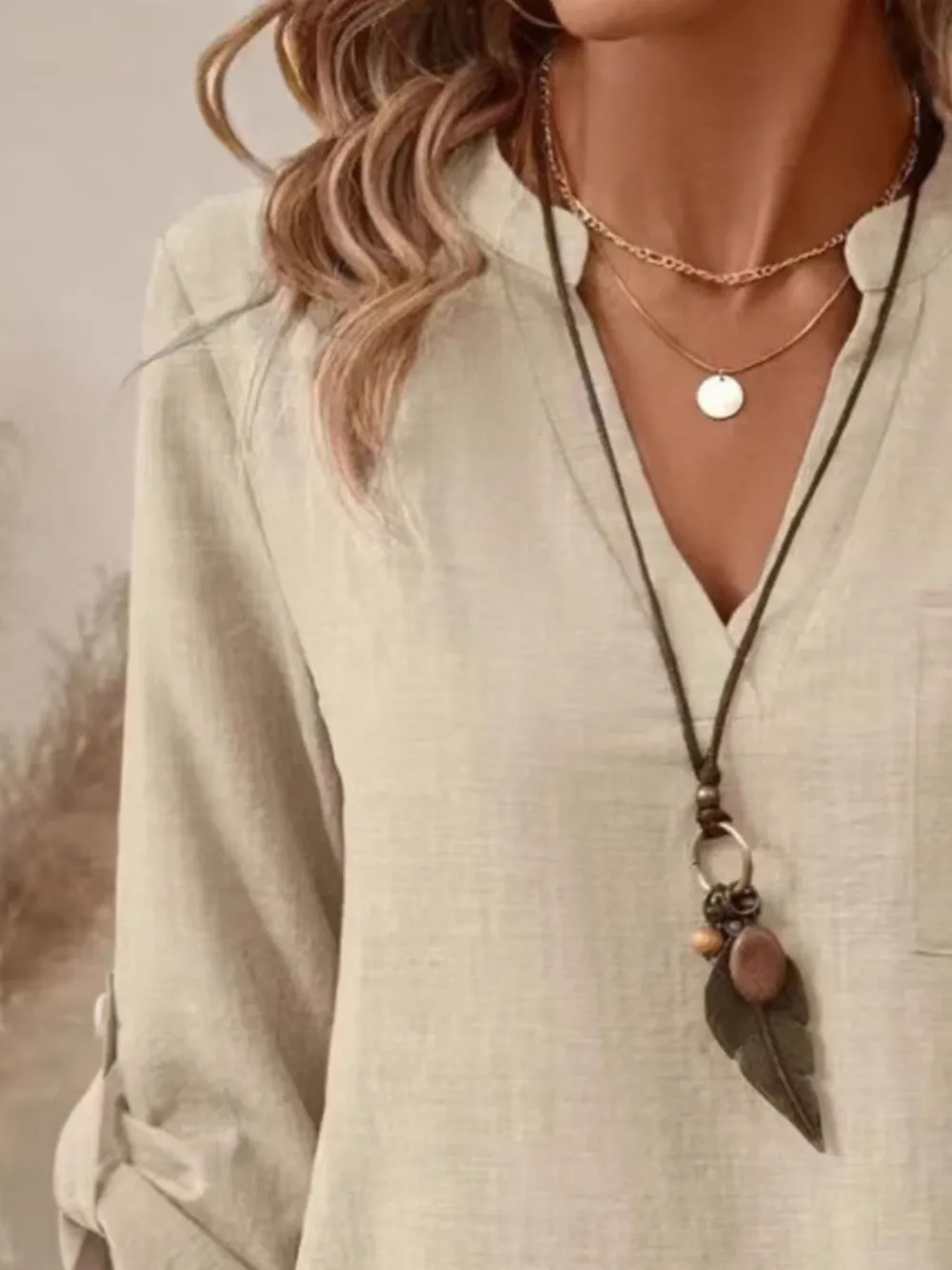 Casual Notched Roll-Up Sleeve Pocket Blouse, image 5